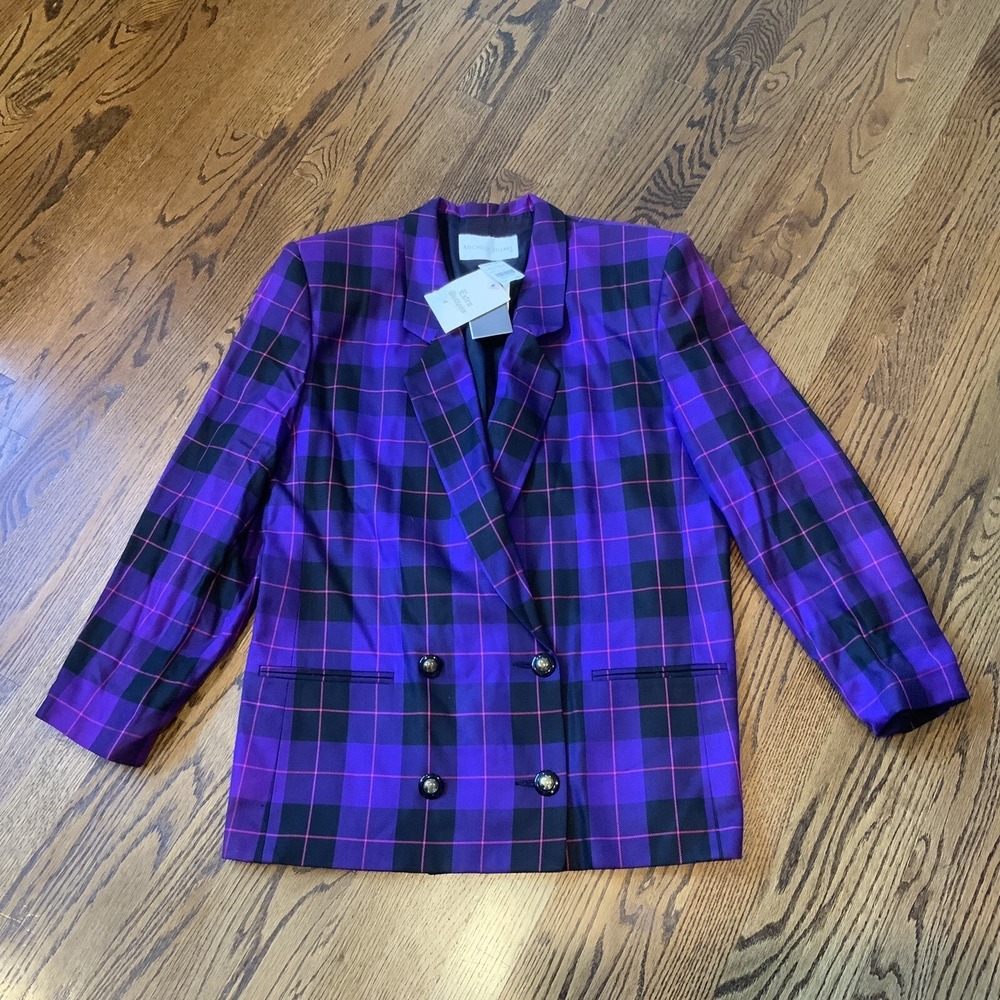 NEW VTG 80s 90s Purple Plaid Blazer Coat Jacket Academia Twee NOS